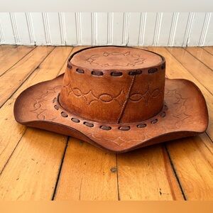 Vintage Hand Tooled Tan Leather Mexican Cowboy Hat, Size Large